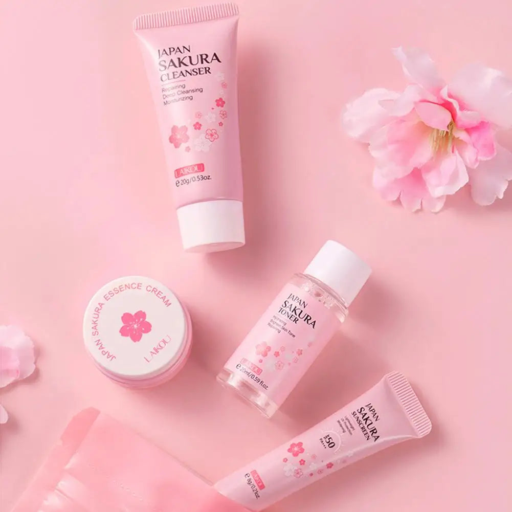 Sakura Skin Care Set with Cleanser, Serum, Eye Cream - Travel Kit for Women