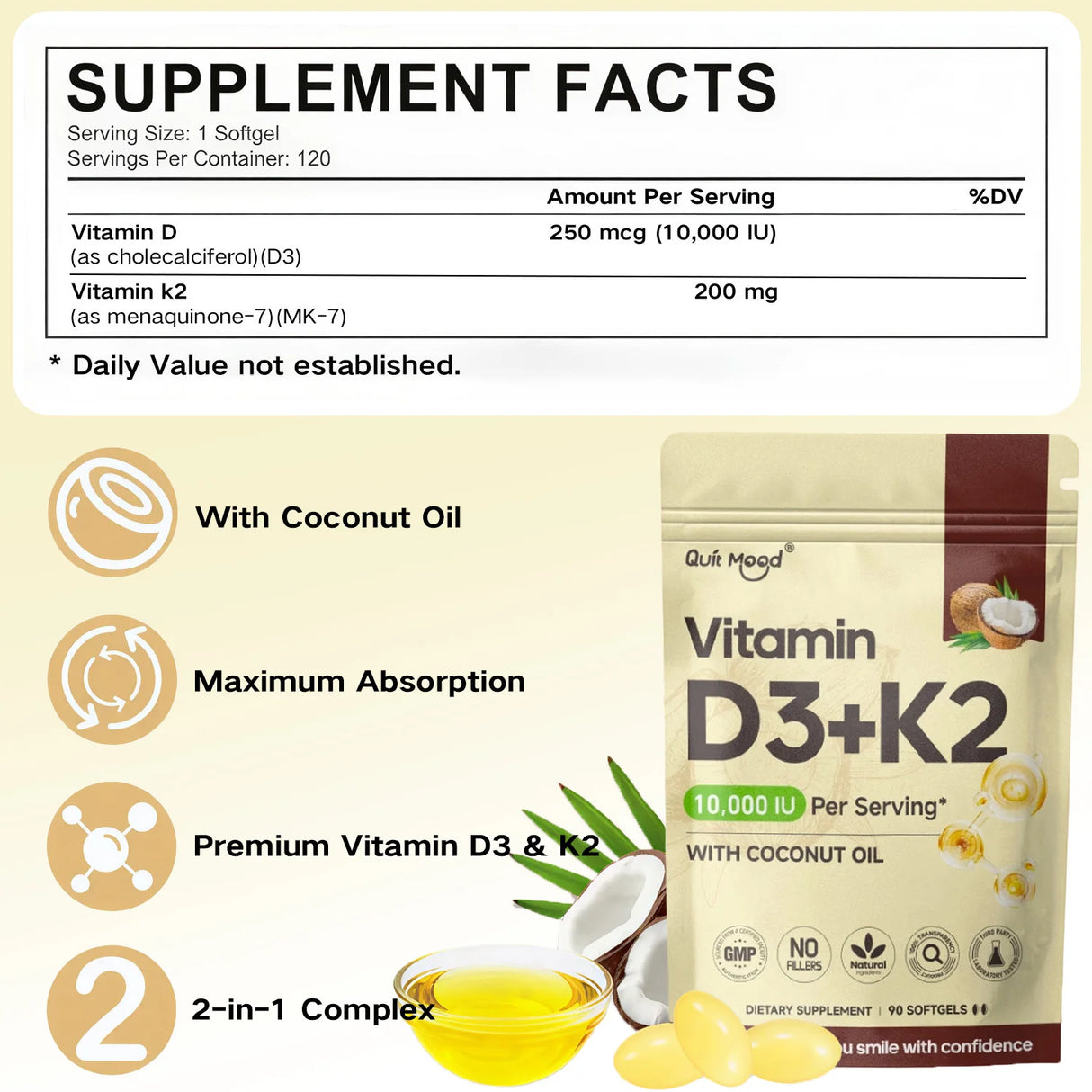Vitamin D3 and K2 Soft Capsules for Daily Routines, 60 Count