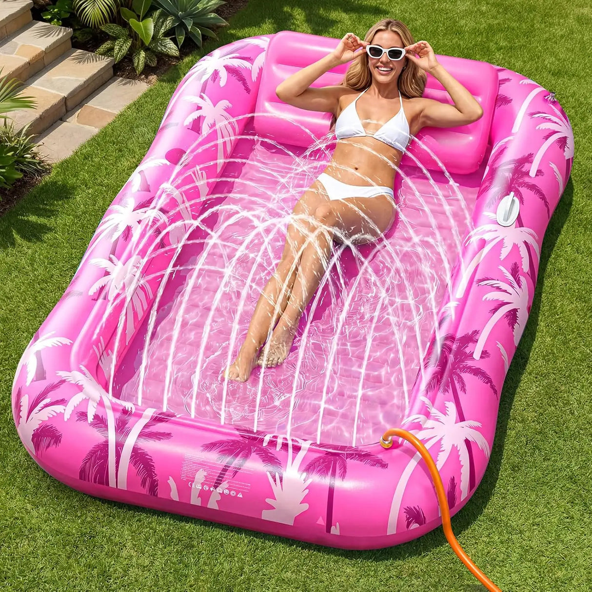 Inflatable Tanning Pool Lounger Float with Sprinkler, X-Large Size