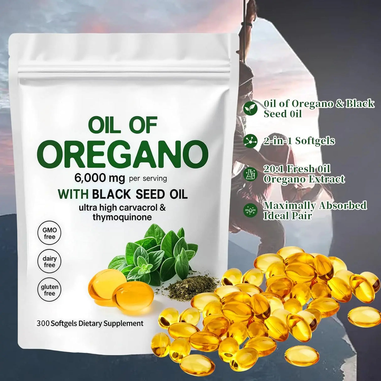 Oregano Oil and Black Seed Oil Capsules, 6000mg, 300 Softgels