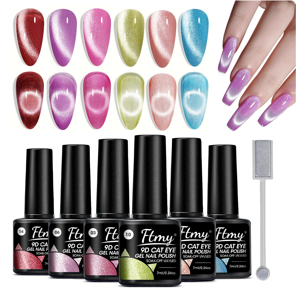 Cat's Eye Magnetic Nail Gel Set - 6 Colors, UV LED Soak Off, Odorless