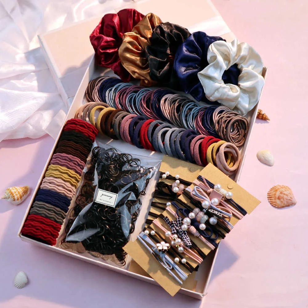 1085PCS Dark Hair Accessories Set - Seamless Ponytail Holders & Scrunchies