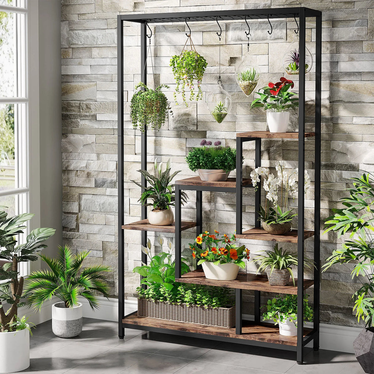 Tribesigns 5-Tier Tall Indoor Plant Stand with 10 Hanging Hooks, 70.9 Inches