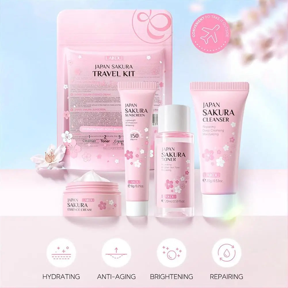 Sakura Skin Care Set with Cleanser, Serum, Eye Cream, Facial Cream - Travel Kit