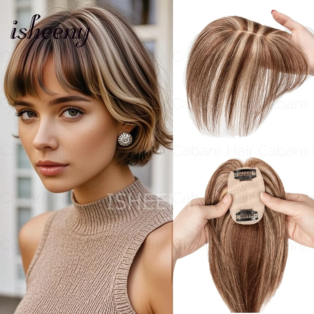 Human Hair Topper Hair Pieces 8-14 Inch Straight with Thinning Bangs