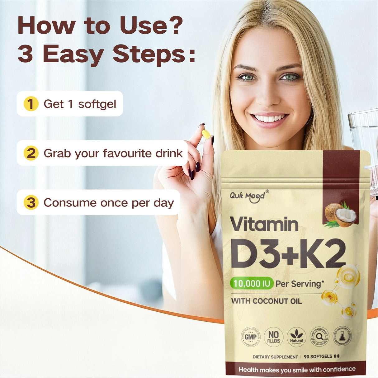 Vitamin D3 and K2 Soft Capsules for Daily Routines, 60 Count