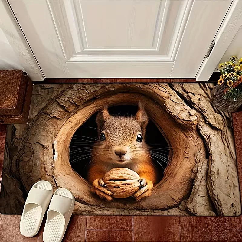 3D Tree Hole Design Door Mat Squirrel Pattern Anti-Slip Rug for Home Decor