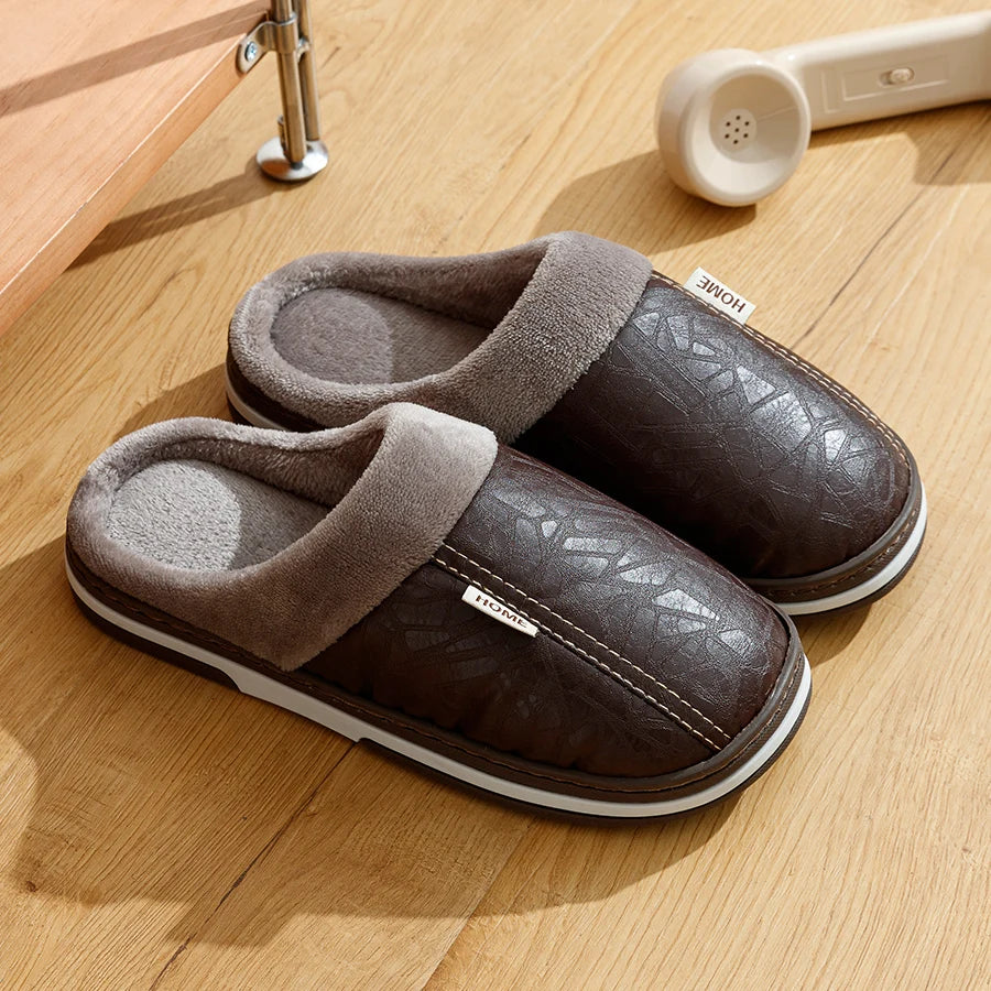 Men's Waterproof PU Leather Slippers - Large Size Indoor Home Shoes