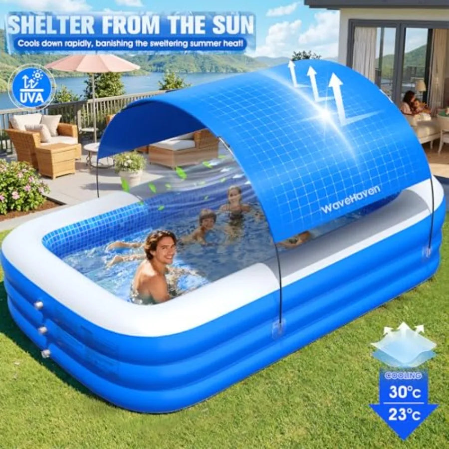 Inflatable Pool with Canopy, Large Blow Up Pool for Backyard Use