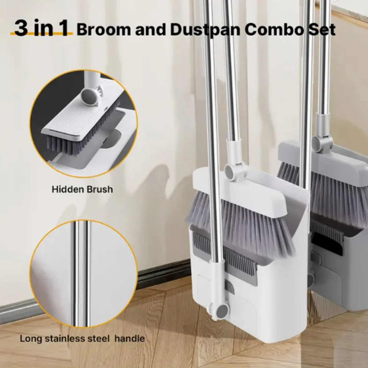 3-in-1 Long-Handled Broom and Dustpan Set for Home Office School Dorm
