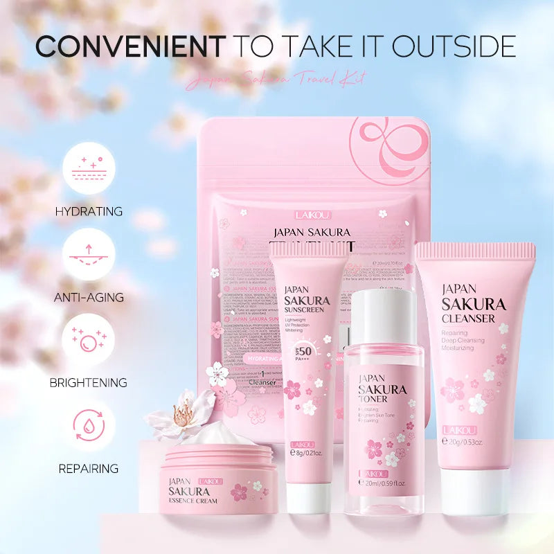 Sakura Skin Care Set - Facial Cleanser, Cream, Serum, Toner - Moisturizing Kit