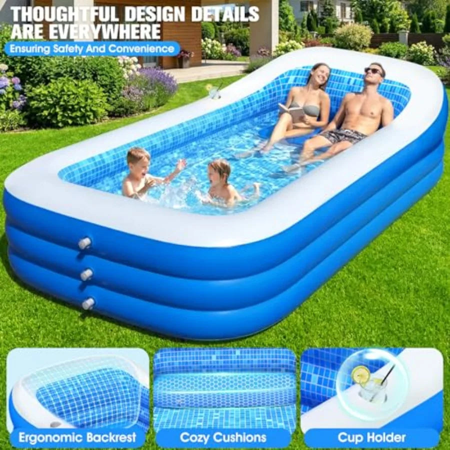 Inflatable Pool with Canopy, Large Blow Up Pool for Backyard Use