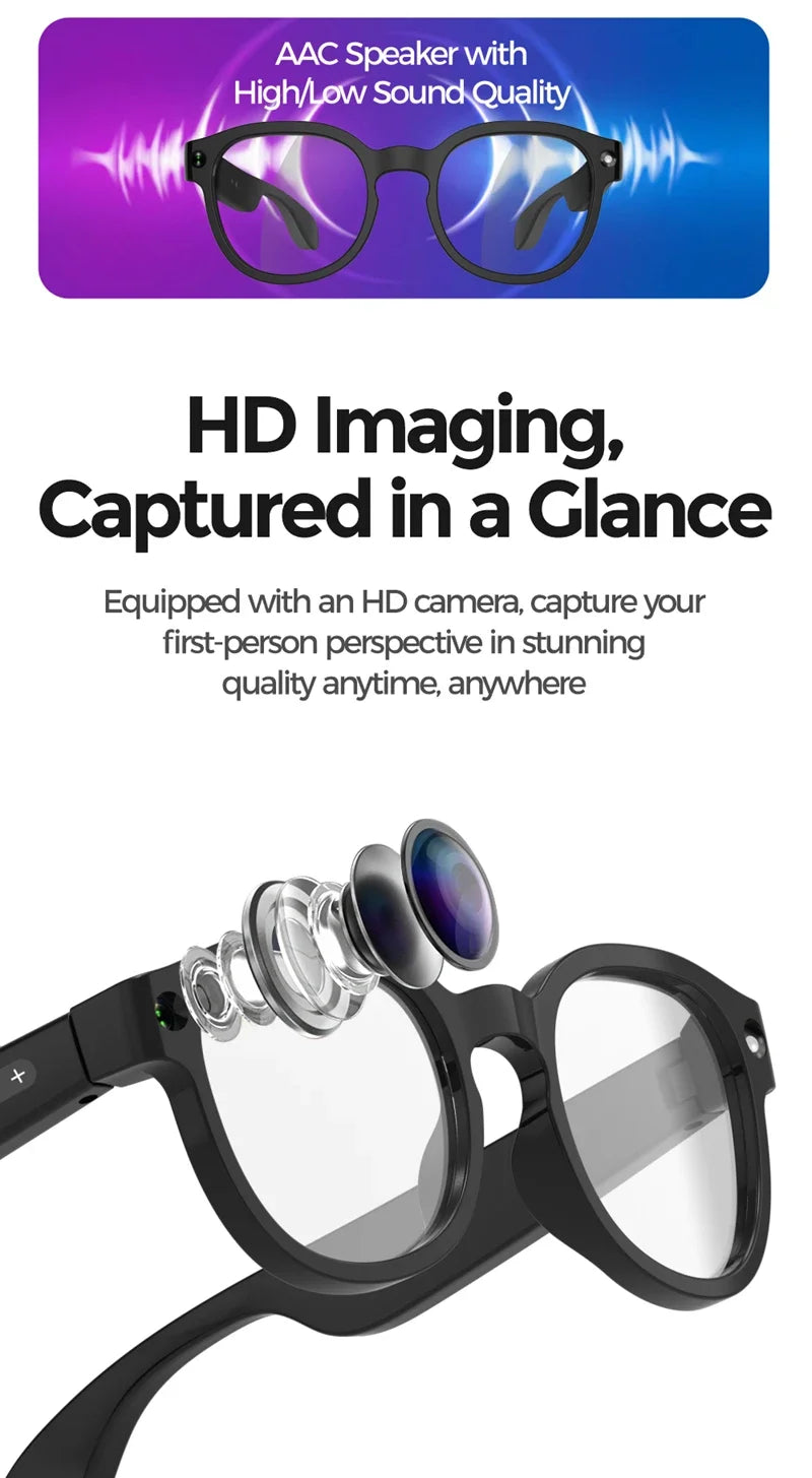 Smart AI Glasses with 800W Camera, Bluetooth, Waterproof, Voice Call