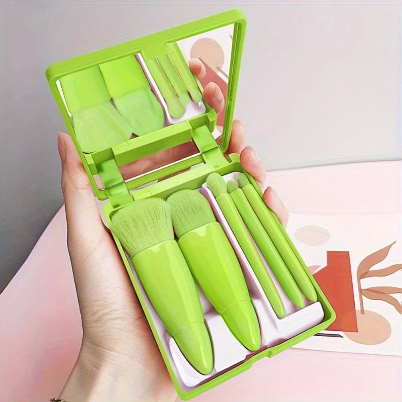 Portable Makeup Brush Set 5Pcs with Mirror - Travel Kit