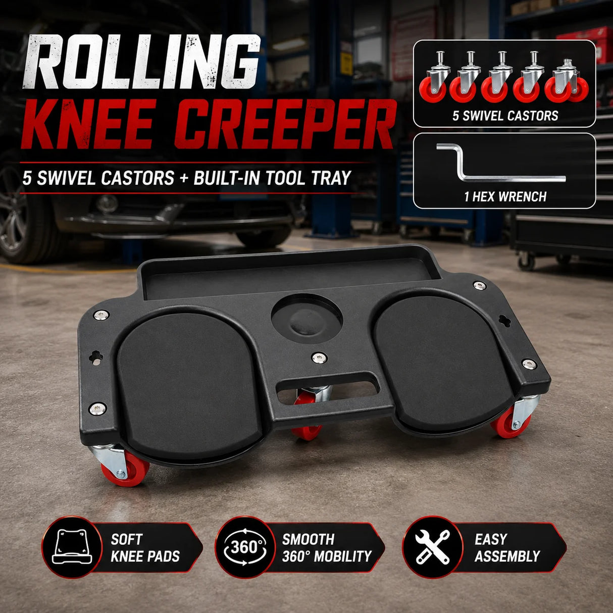 Rolling Knee Protection Pad with 5 Wheels and Tool Tray for Maintenance