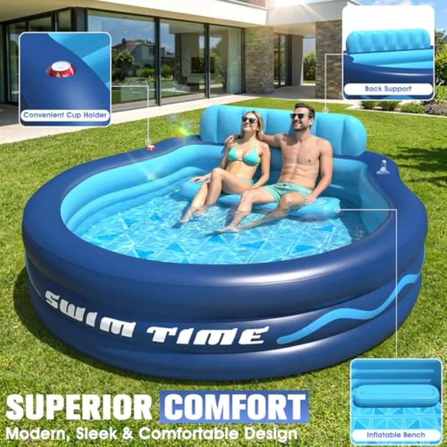Inflatable Pool with Seats & Headrest, Oversized 90x90x20, Durable PVC