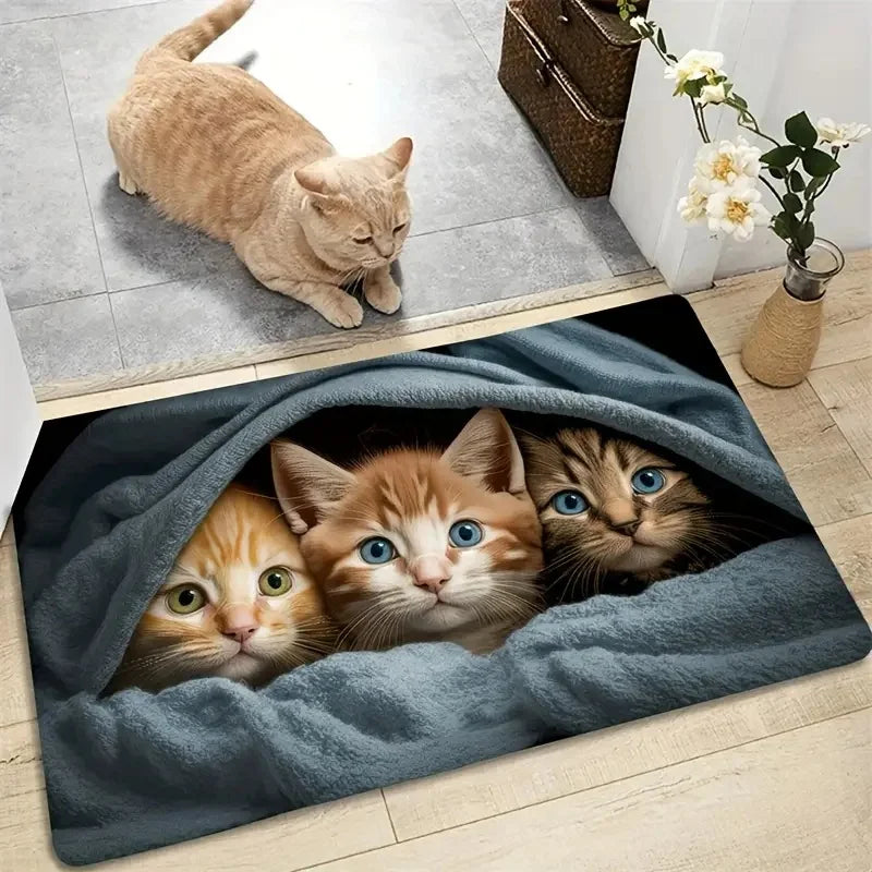 Cartoon Cat Entrance Door Mat - 2D Wooden Design - Anti-Slip Soft Pad