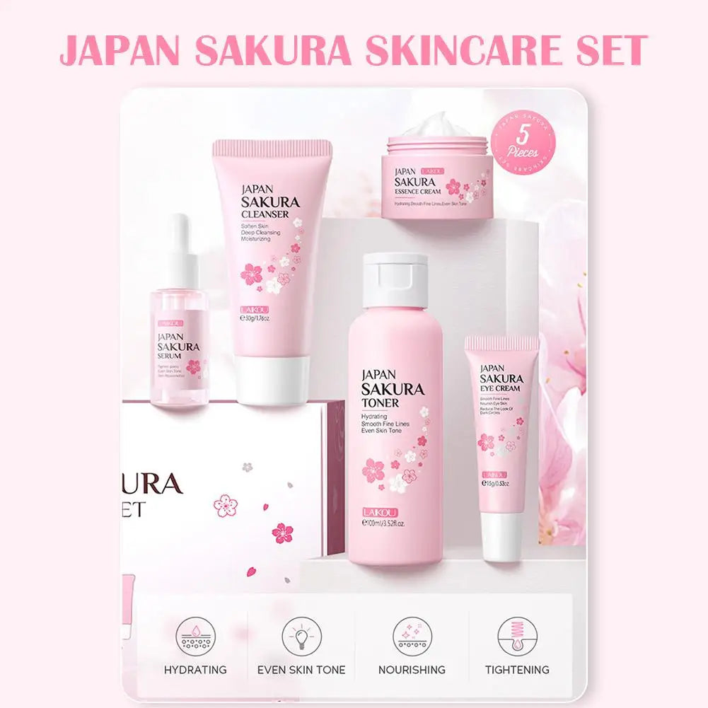 Sakura Skin Care Set with Cleanser, Serum, Eye Cream, Facial Cream - Travel Kit