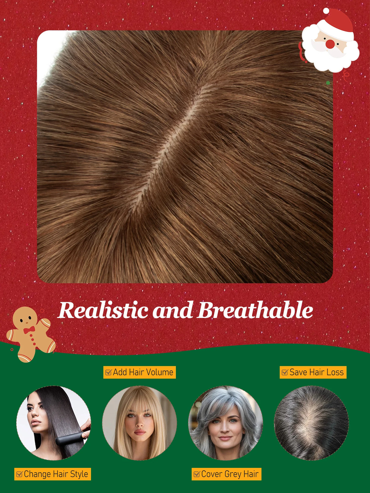 Human Hair Toppers with Clips for Volume and Length, 5x9cm Base