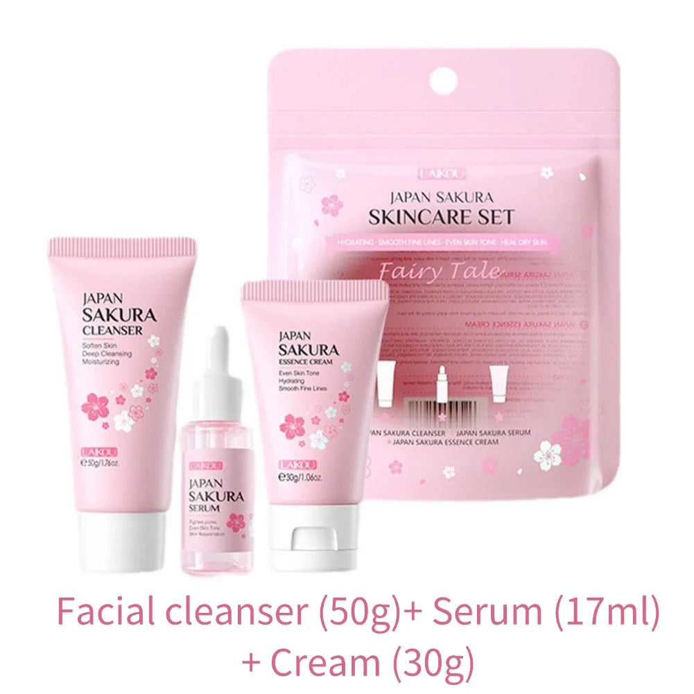 Sakura Skin Care Set with Cleanser, Serum, Eye Cream, Facial Cream - Travel Kit
