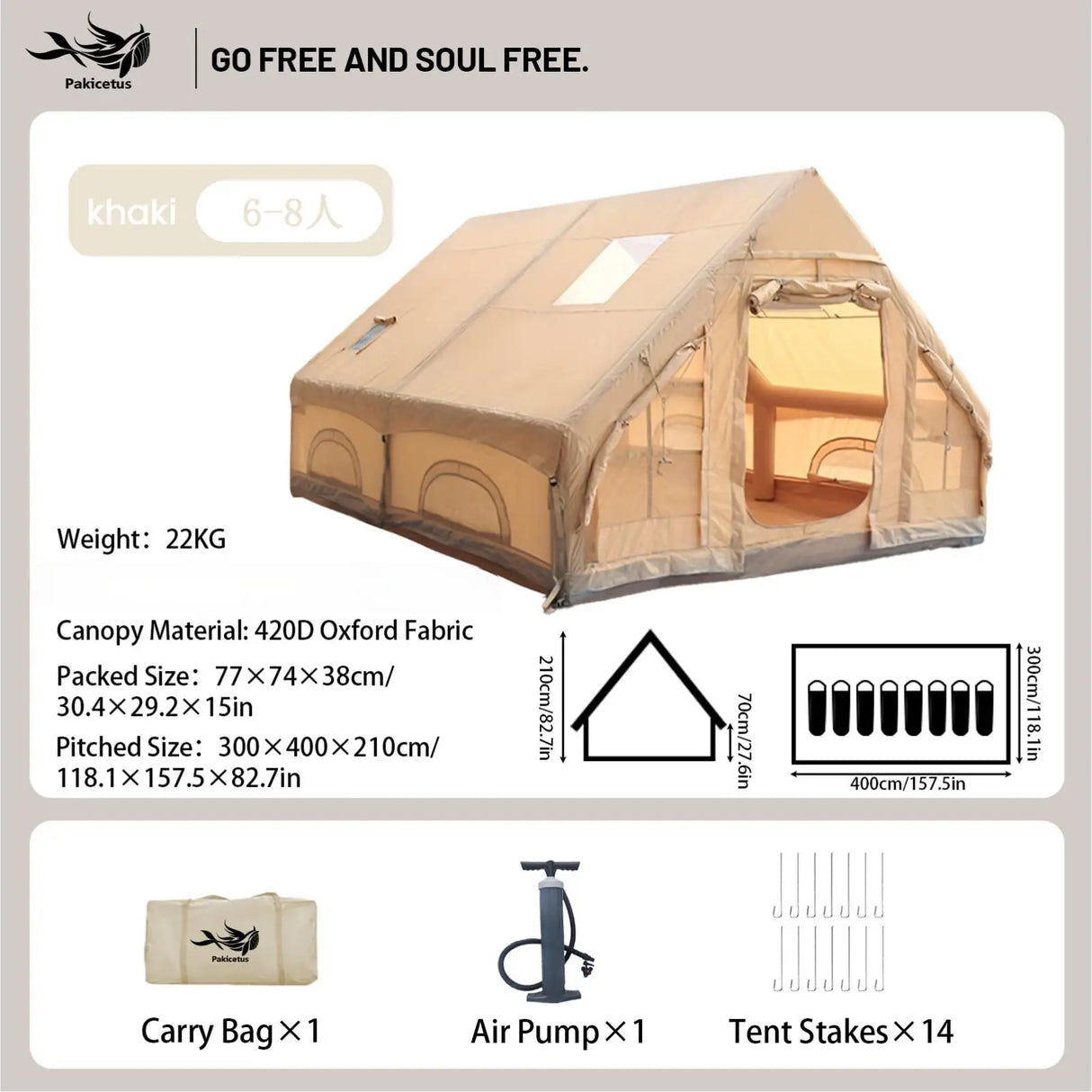 Inflatable Camping Tent for 4-8 Persons, Waterproof with Carry Bag