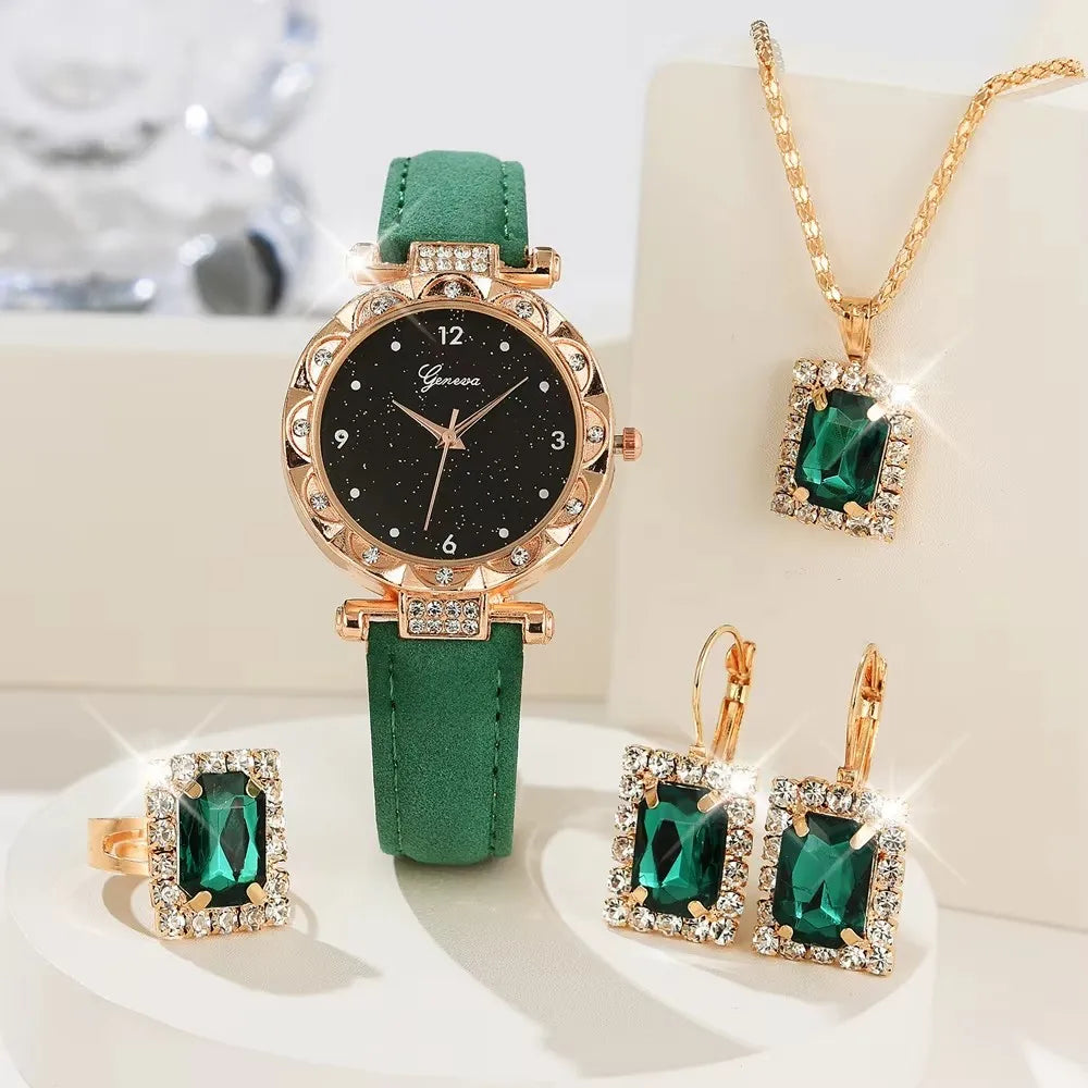 Luxury Rhinestone Women's Watch Set - 5pcs Elegant Quartz Wristwatch Gift