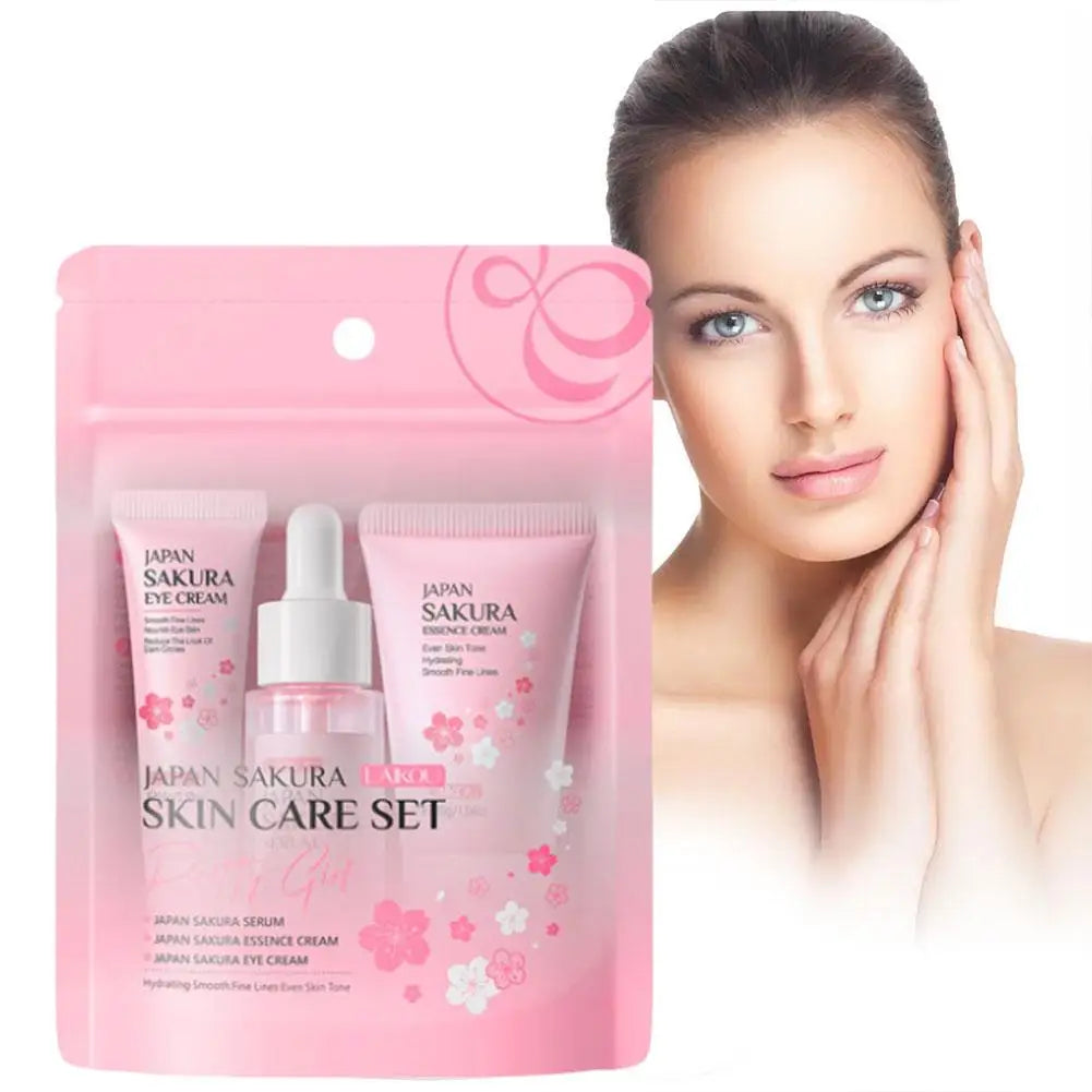 Sakura Skin Care Set with Cleanser, Serum, Eye Cream - Travel Kit for Women