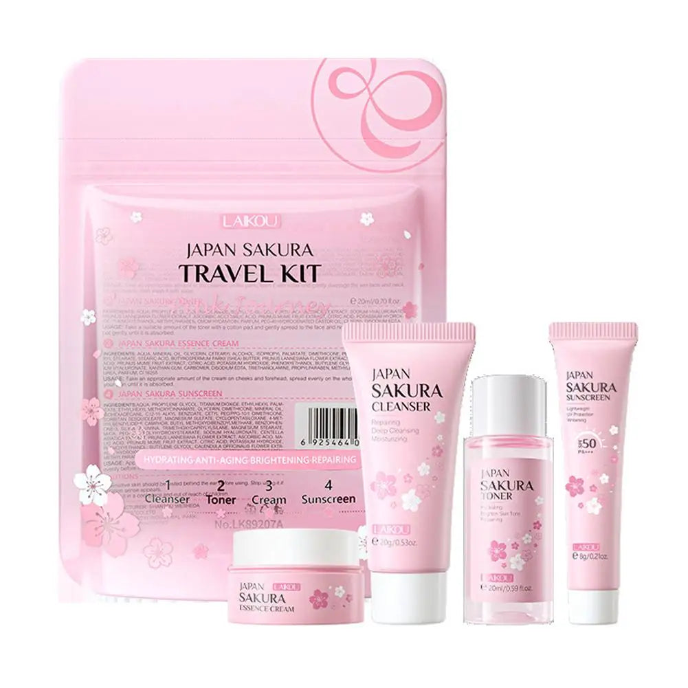 Sakura Skin Care Set with Cleanser, Serum, Eye Cream, Facial Cream - Travel Kit