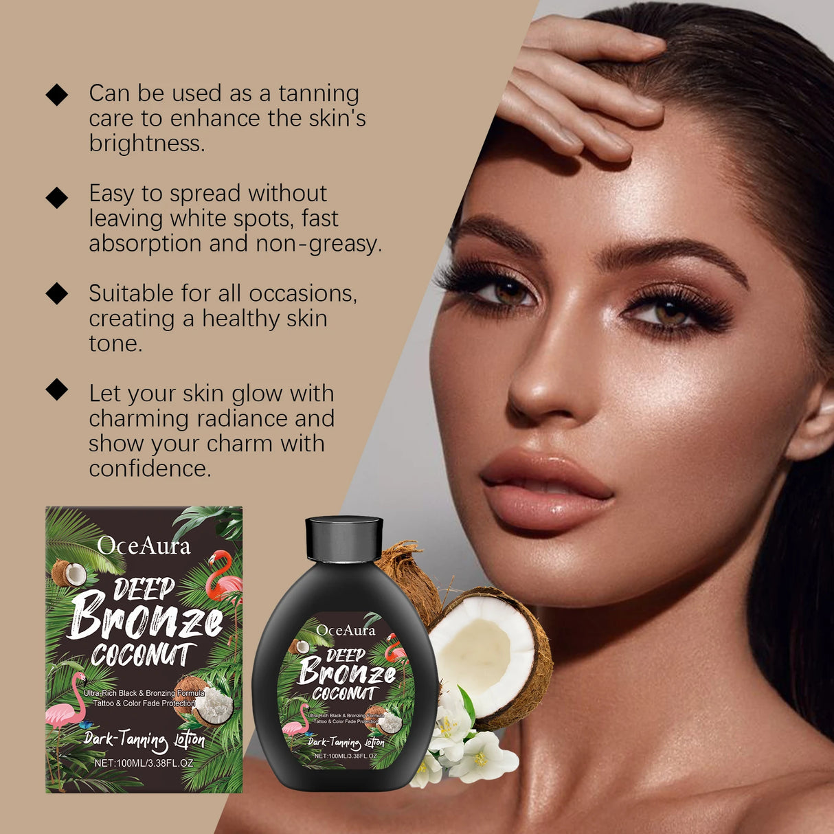 Coconut Oil Tanning Lotion Moisturizer for Deep Bronze Glow 8oz