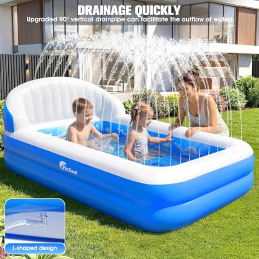 Inflatable Kids Swimming Pool with Sprinkler and Backrest, Blue & Yellow