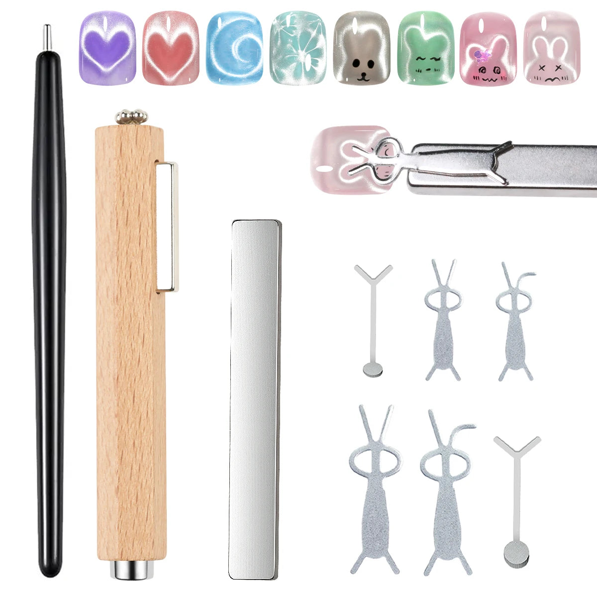 Cat Eye Magnet Set 9pcs for Nails - Heart Shaped Rabbit Design DIY Tool