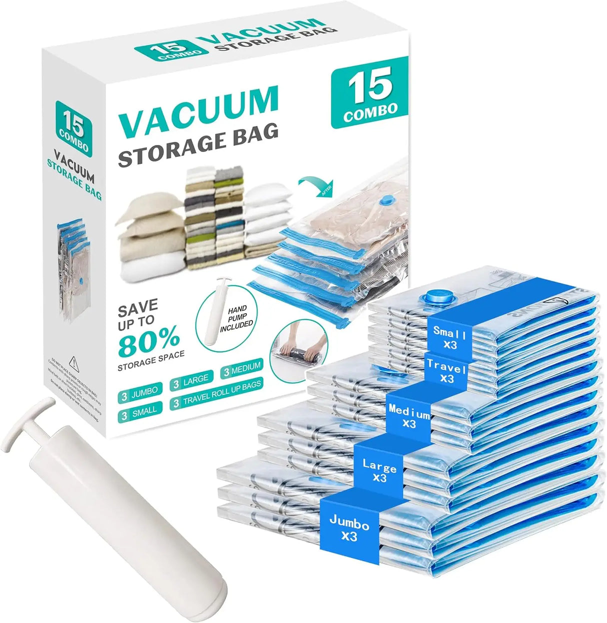 Vacuum Storage Bags with Hand Pump, 15 Pack for Clothes and Travel