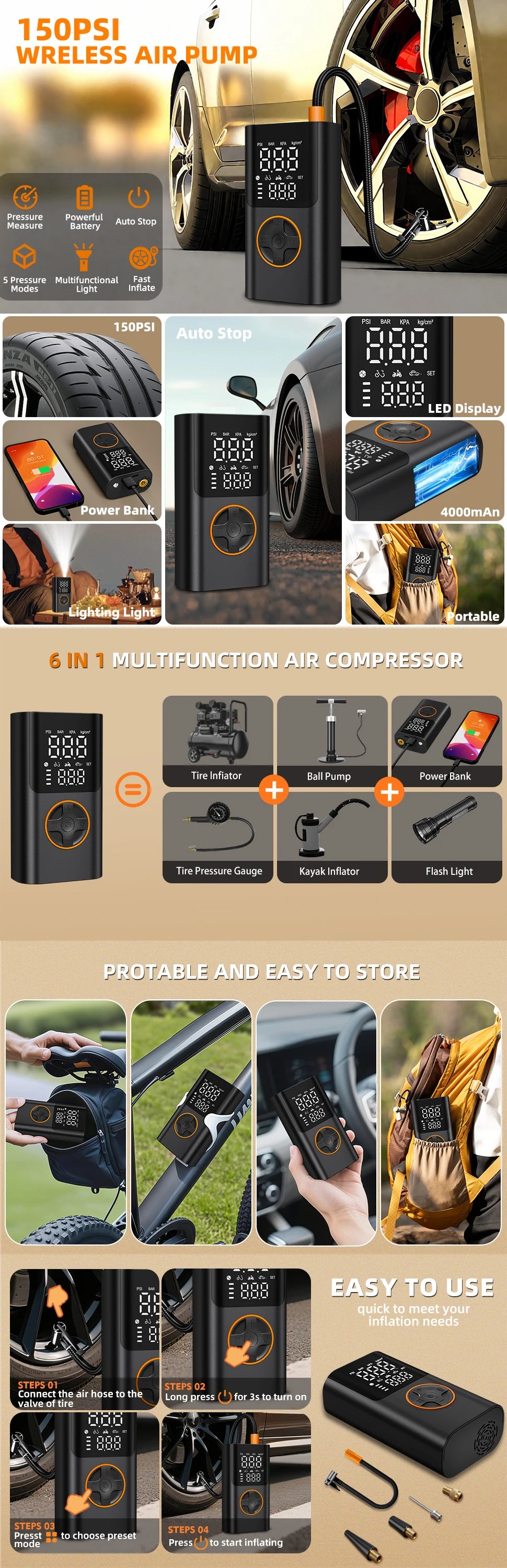 Cordless Mini Tire Inflator 150 PSI Portable Air Compressor for Car Bike