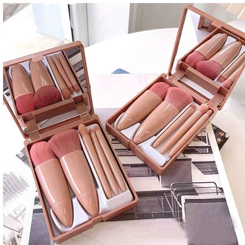 Portable Makeup Brush Set 5Pcs with Mirror - Travel Kit