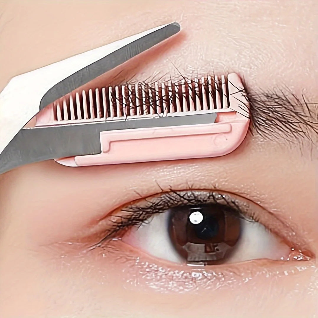Pink Eyebrow Trimming Scissors with Comb - Stainless Steel Grooming Tool