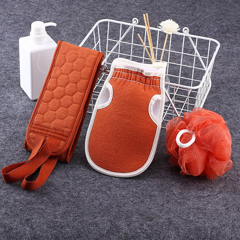 Exfoliating Bath Set 3pcs - Loofah Sponge, Bath Glove & Washcloth Towel