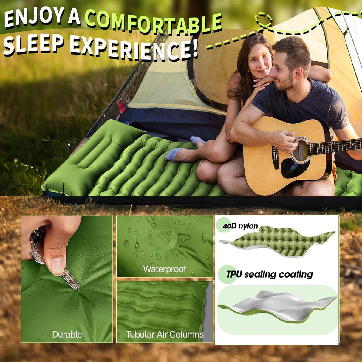 Inflatable Camping Mattress Pad with Pillows - Ultralight Air Mat