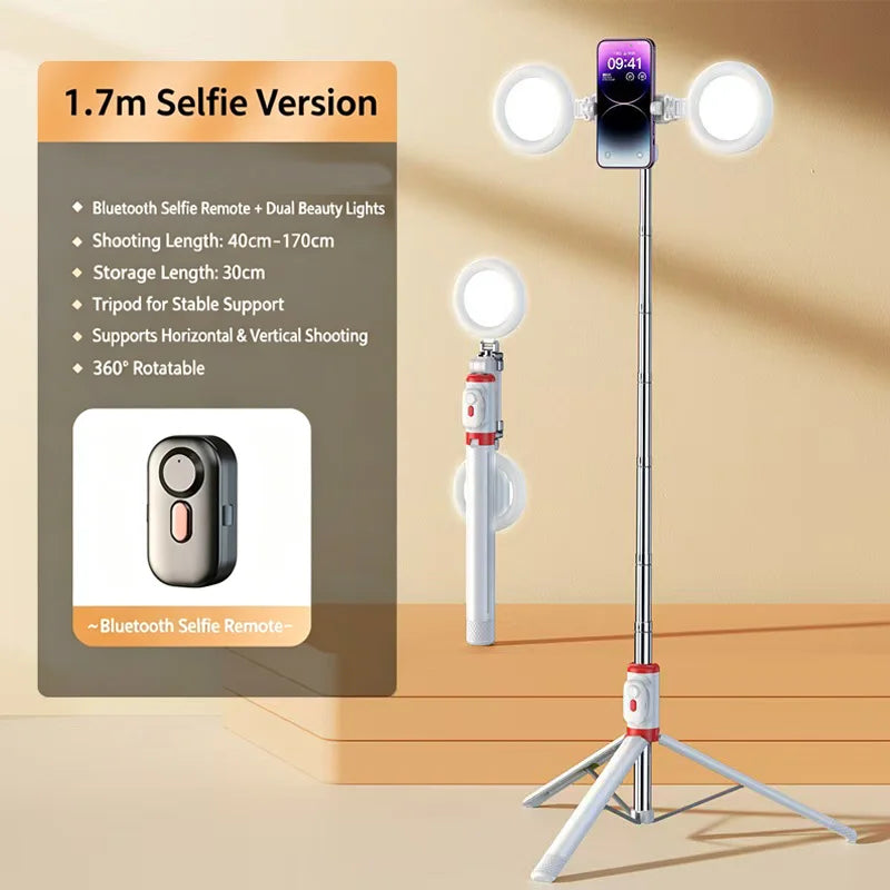 Selfie Stick Tripod 1.7m with Dual Fill Lights & Bluetooth Remote
