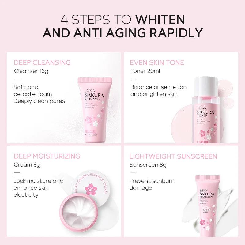 Sakura Skin Care Set - Facial Cleanser, Cream, Serum, Toner - Moisturizing Kit