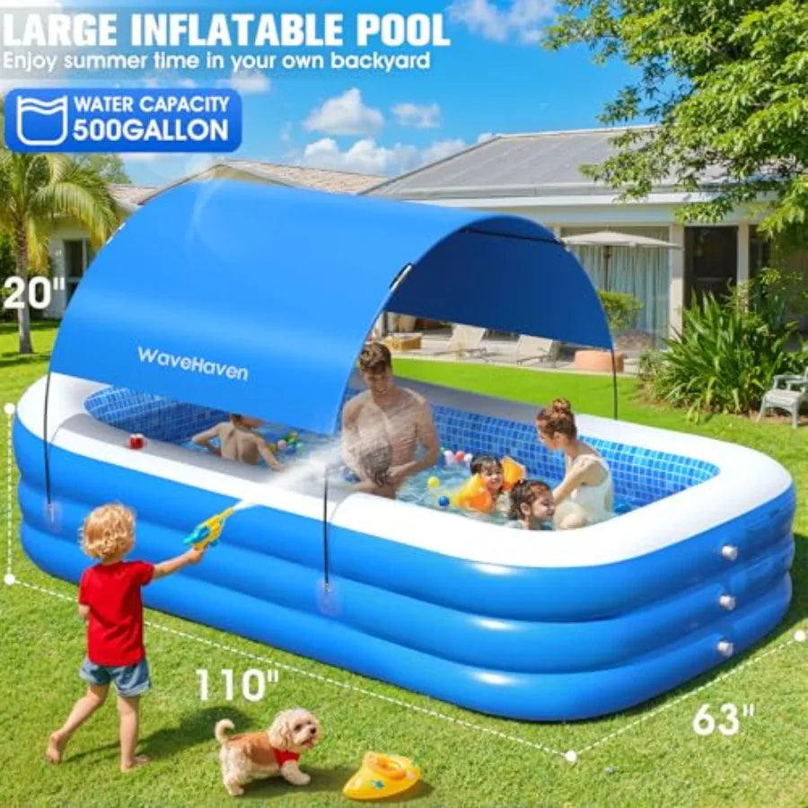 Inflatable Pool with Canopy, Large Blow Up Pool for Backyard Use