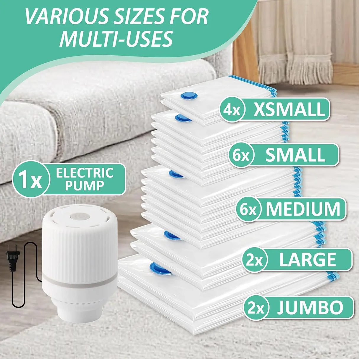 Vacuum Storage Bags with Electric Pump, 20 Pack for Clothes and Bedding