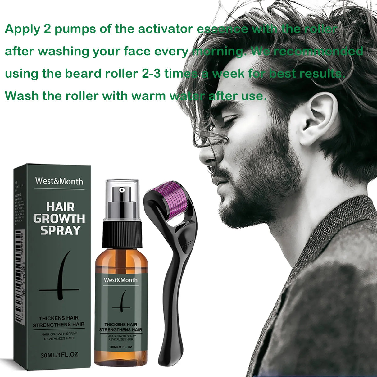 Men's Beard Spray Kit with Micro Roller 0.25mm Moisturizing Essence