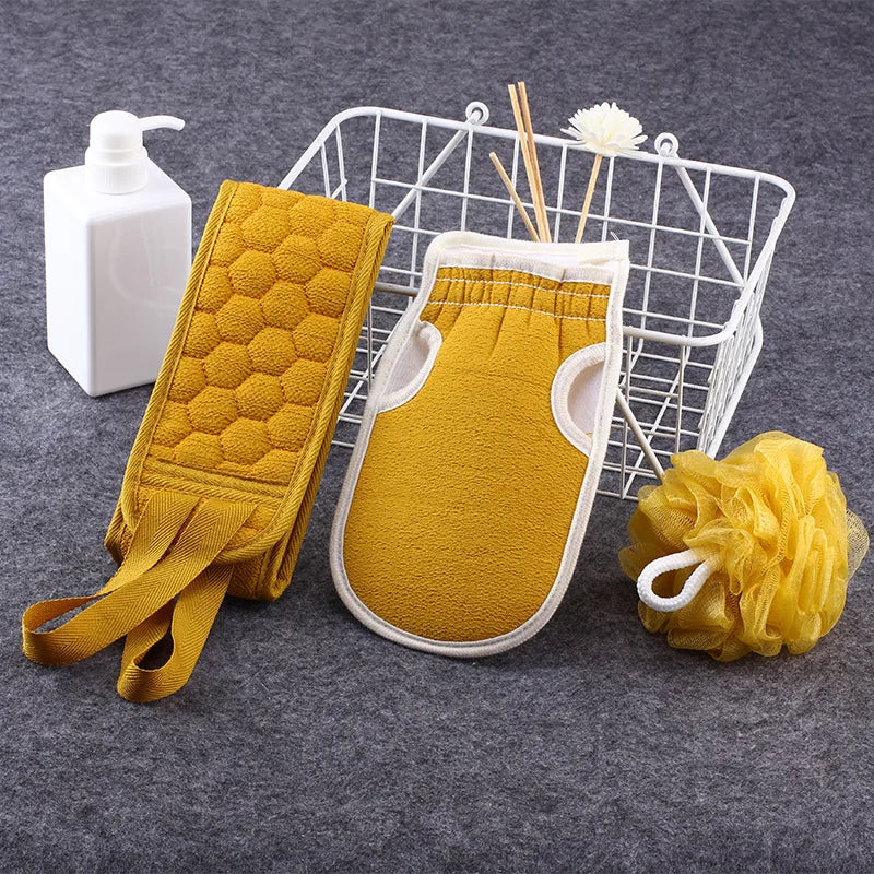Exfoliating Bath Set 3pcs - Loofah Sponge, Bath Glove & Washcloth Towel