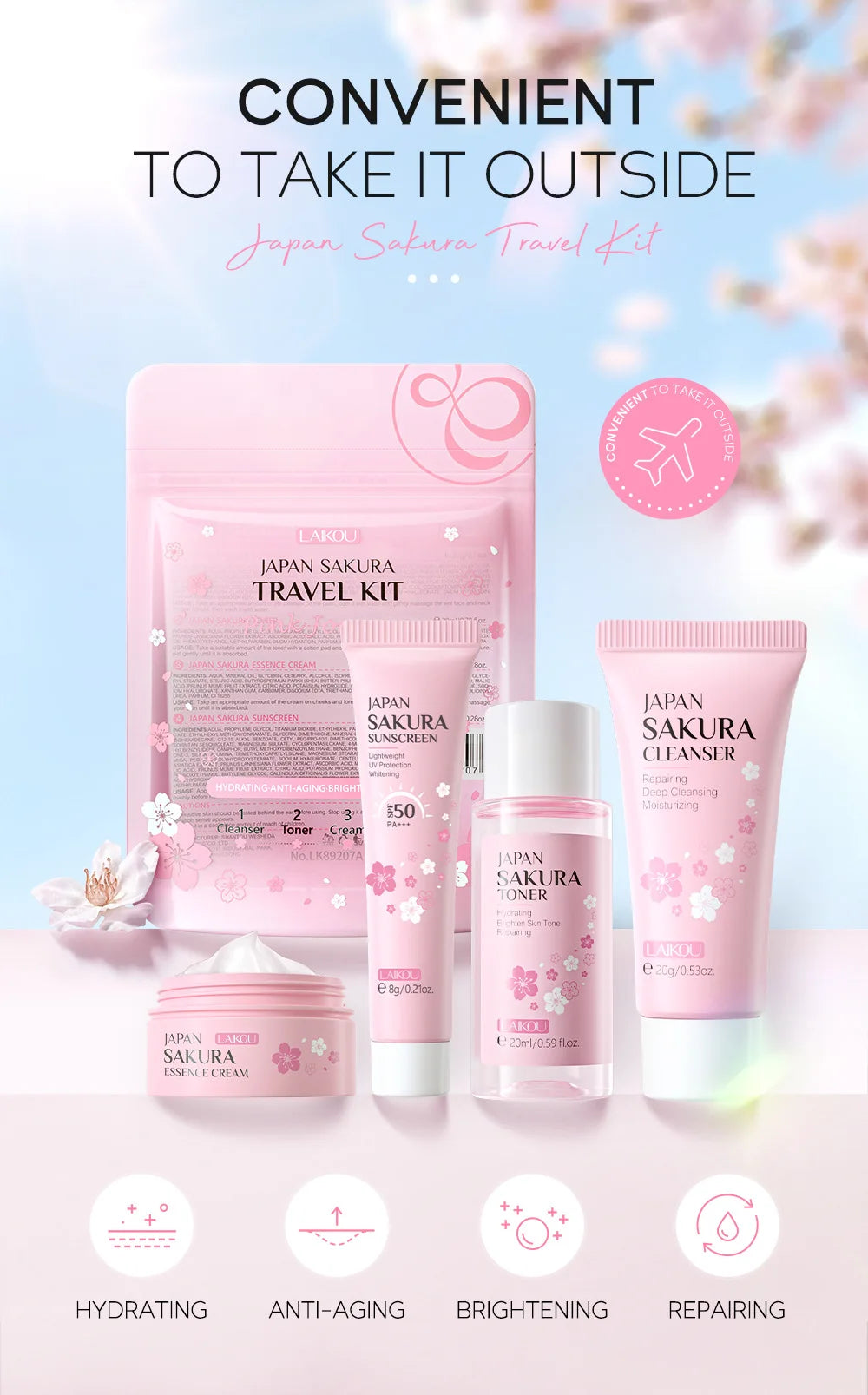 Sakura Skin Care Set - Facial Cleanser, Cream, Serum, Toner - Moisturizing Kit