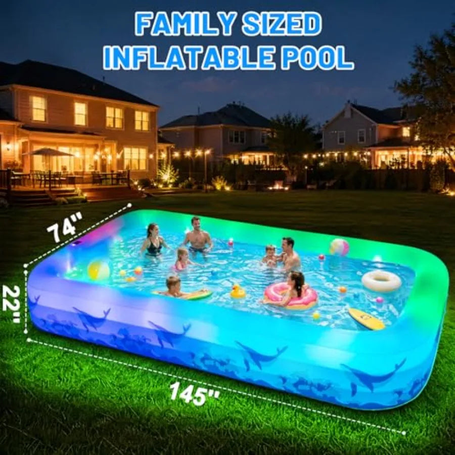 Inflatable Backyard Swimming Pool for Kids & Adults - 7-Color LED Light