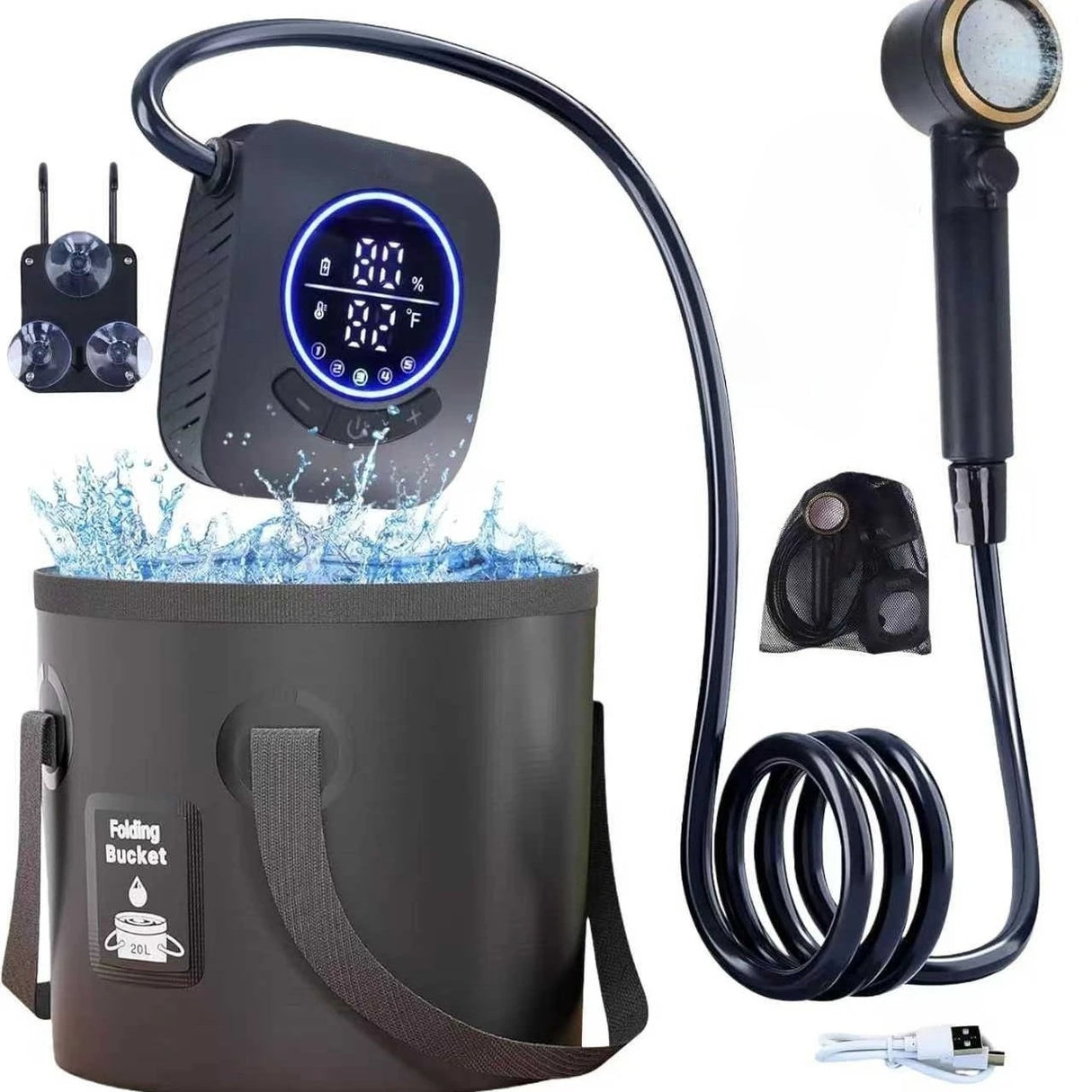 Portable Camping Shower Set with 20L Bucket and Rechargeable Shower Head