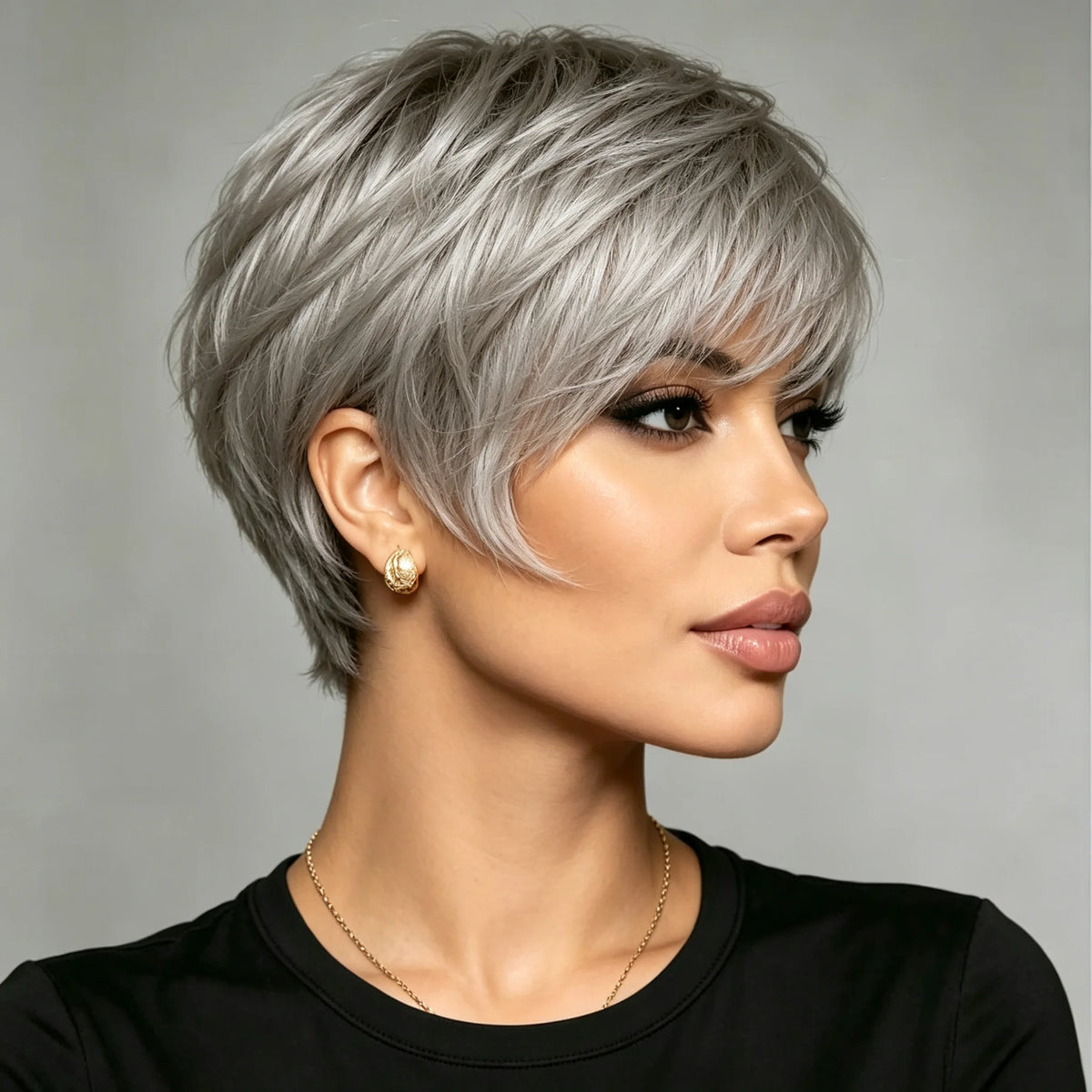 Short Gray Human Hair Wig - Straight Pixie Cut with Comfort Fit Cap