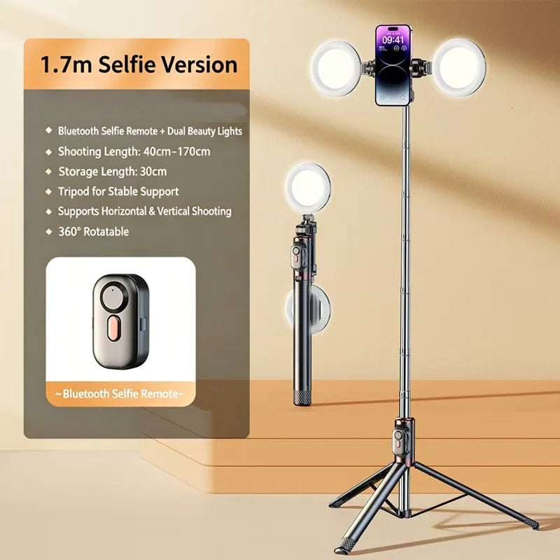 Selfie Stick Tripod 1.7m with Dual Fill Lights & Bluetooth Remote