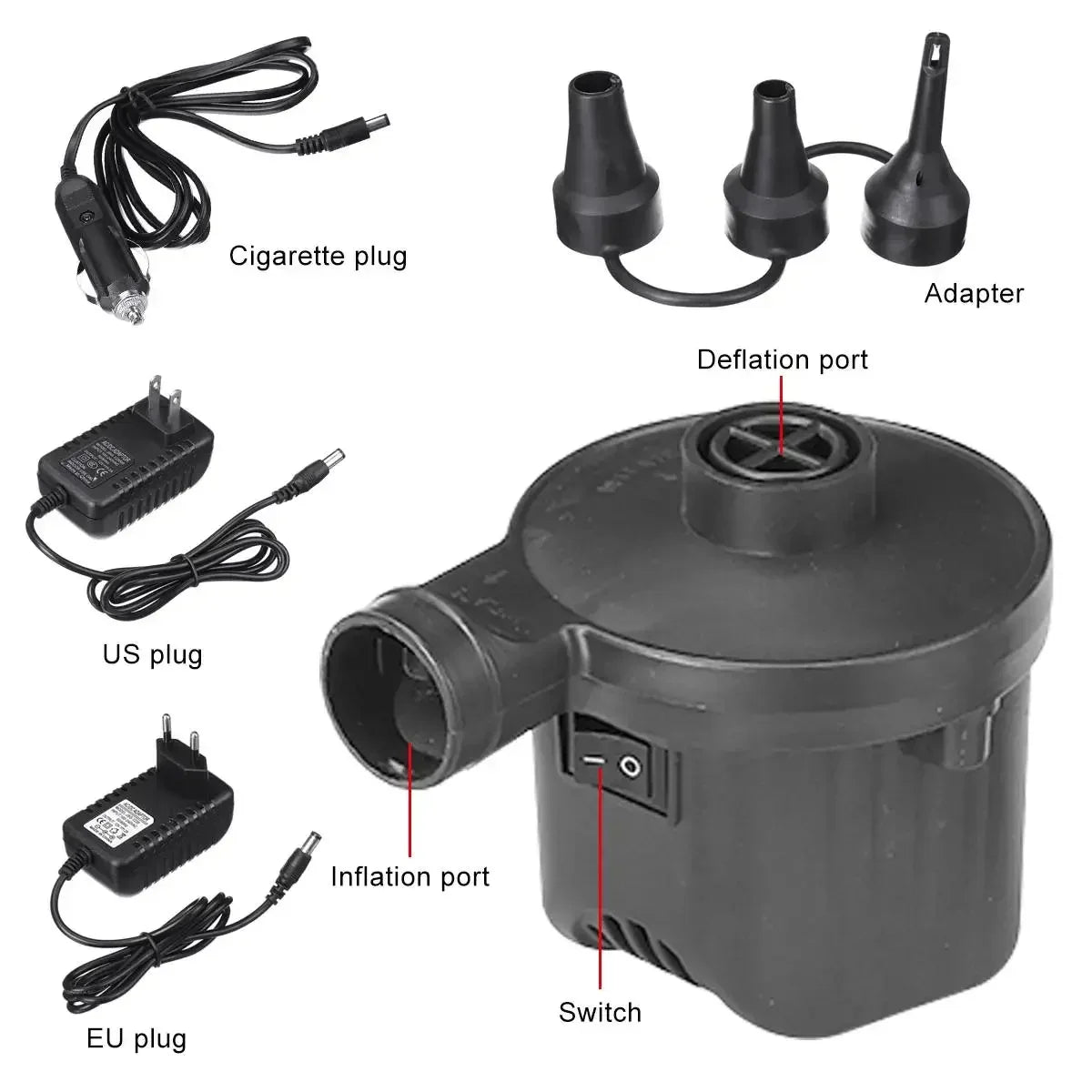 Portable Electric Air Pump 12V with 3 Nozzles for Inflatable Pools and More