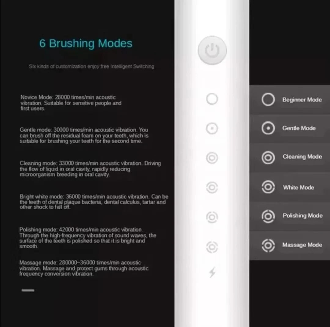 Sonic Electric Toothbrush IPX7 Waterproof USB Rechargeable 6 Modes